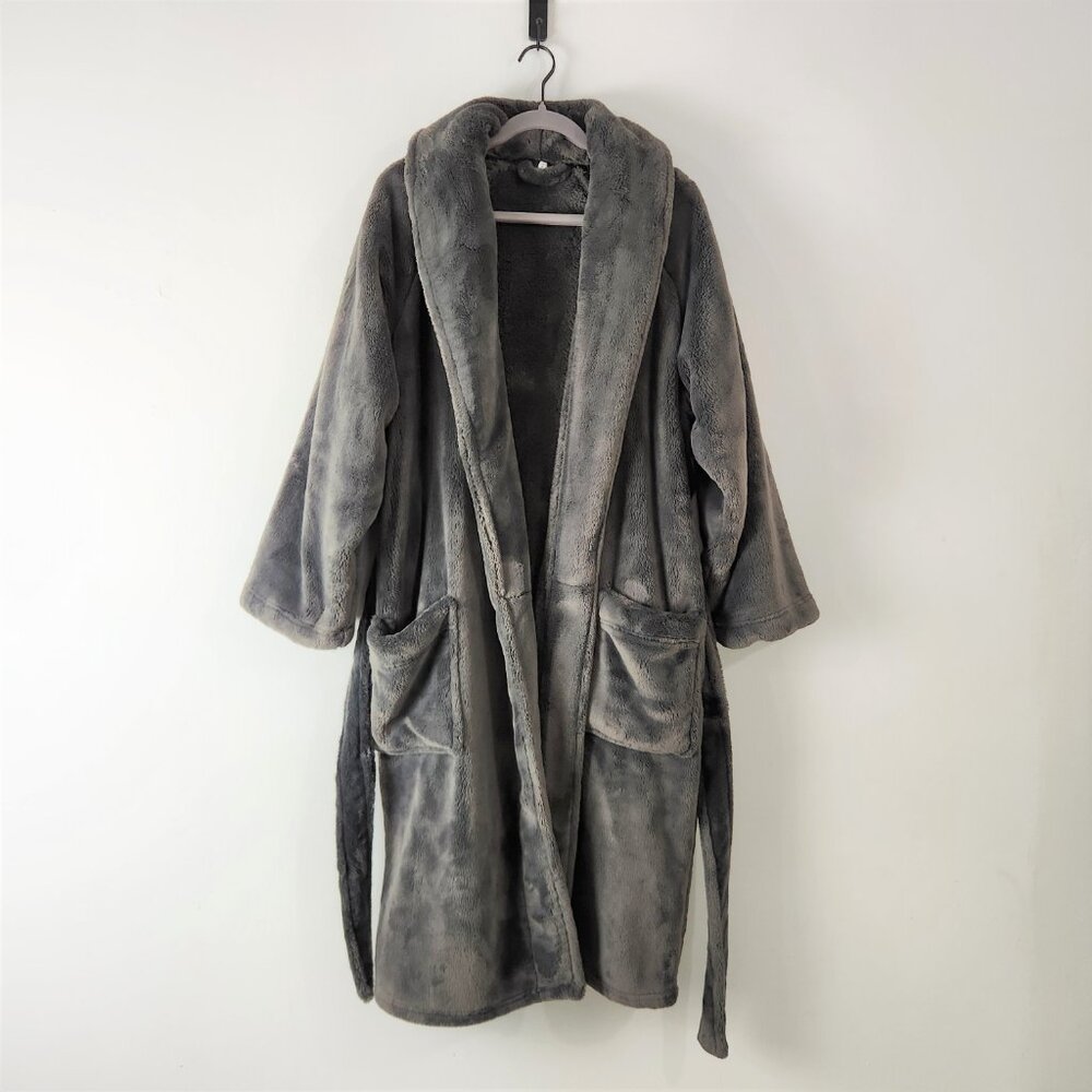 Pottery Barn Robe Unisex L Charcoal Gray Long Deep Plush Belt Pockets Christmas